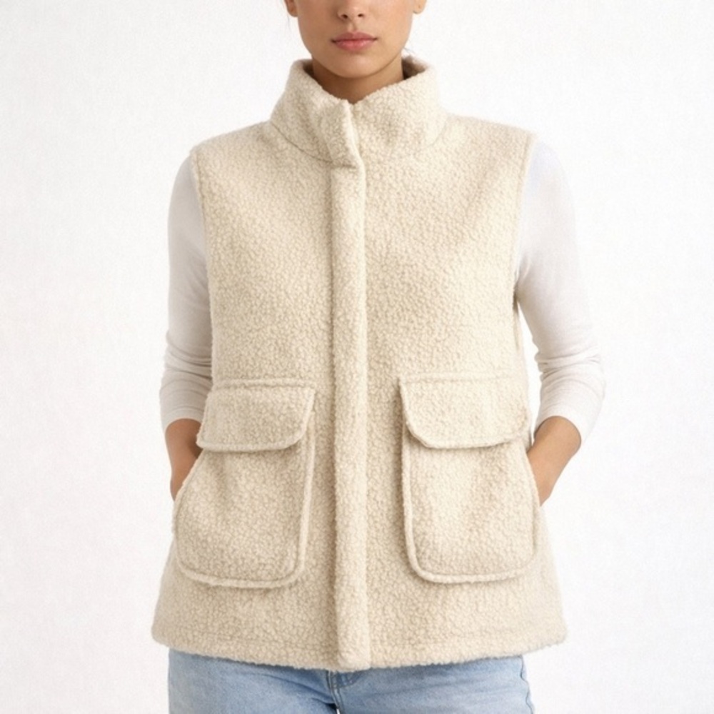 Zara Cream Sherpa Vest Cozy Fleece Pockets Zip Front Size M